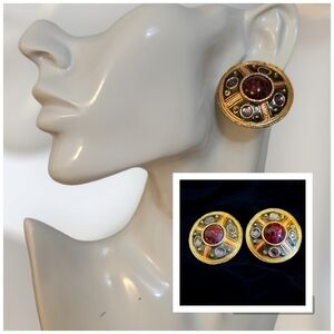 VTG Estate Medieval Byzatine Castlecore Enamel Shield Clip-on Earrings